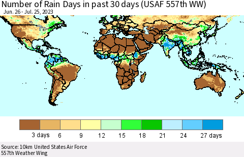 World Number of Rain Days in past 30 days (USAF 557th WW) 07/25/2023 Thematic Map For 7/21/2023 - 7/25/2023