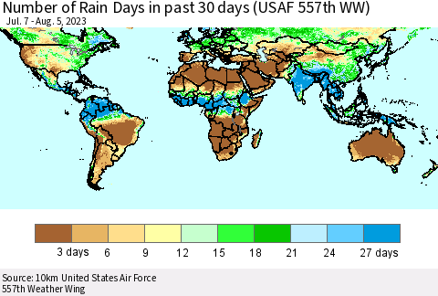 World Number of Rain Days in past 30 days (USAF 557th WW) 08/05/2023 Thematic Map For 8/1/2023 - 8/5/2023