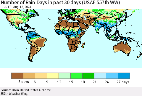World Number of Rain Days in past 30 days (USAF 557th WW) 08/15/2023 Thematic Map For 8/11/2023 - 8/15/2023