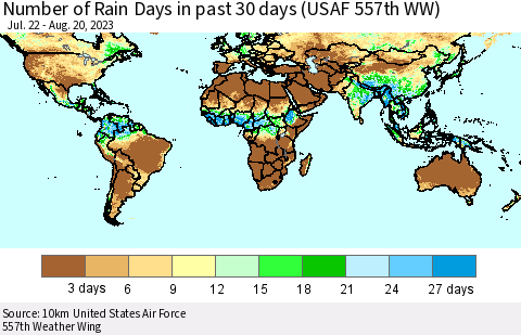 World Number of Rain Days in past 30 days (USAF 557th WW) 08/20/2023 Thematic Map For 8/16/2023 - 8/20/2023