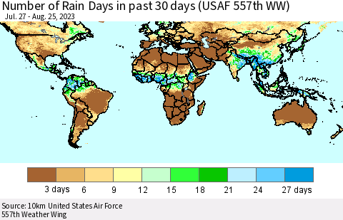 World Number of Rain Days in past 30 days (USAF 557th WW) 08/25/2023 Thematic Map For 8/21/2023 - 8/25/2023
