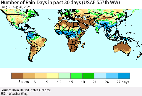 World Number of Rain Days in past 30 days (USAF 557th WW) 08/31/2023 Thematic Map For 8/26/2023 - 8/31/2023