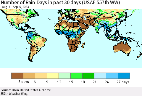 World Number of Rain Days in past 30 days (USAF 557th WW) 09/05/2023 Thematic Map For 9/1/2023 - 9/5/2023