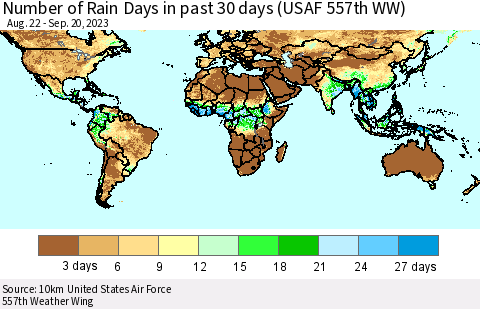 World Number of Rain Days in past 30 days (USAF 557th WW) 09/20/2023 Thematic Map For 9/16/2023 - 9/20/2023