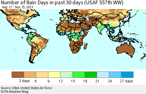 World Number of Rain Days in past 30 days (USAF 557th WW) 09/25/2023 Thematic Map For 9/21/2023 - 9/25/2023