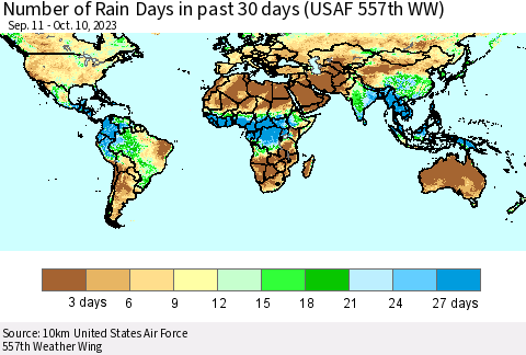 World Number of Rain Days in past 30 days (USAF 557th WW) 10/10/2023 Thematic Map For 10/6/2023 - 10/10/2023
