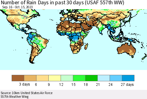 World Number of Rain Days in past 30 days (USAF 557th WW) 10/15/2023 Thematic Map For 10/11/2023 - 10/15/2023