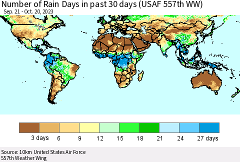 World Number of Rain Days in past 30 days (USAF 557th WW) 10/20/2023 Thematic Map For 10/16/2023 - 10/20/2023