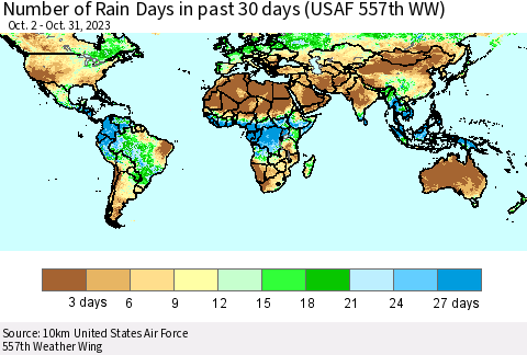 World Number of Rain Days in past 30 days (USAF 557th WW) 10/31/2023 Thematic Map For 10/26/2023 - 10/31/2023