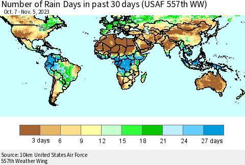 World Number of Rain Days in past 30 days (USAF 557th WW) 11/05/2023 Thematic Map For 11/1/2023 - 11/5/2023