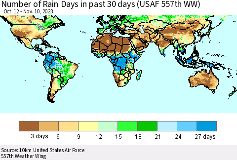 World Number of Rain Days in past 30 days (USAF 557th WW) 11/10/2023 Thematic Map For 11/6/2023 - 11/10/2023