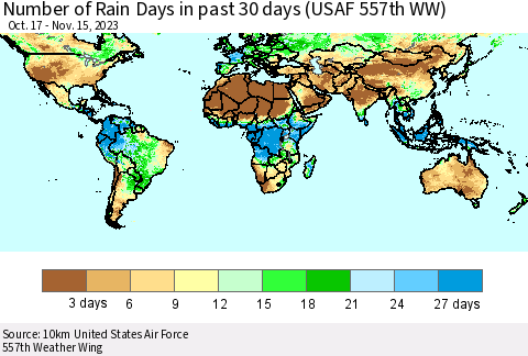 World Number of Rain Days in past 30 days (USAF 557th WW) 11/15/2023 Thematic Map For 11/11/2023 - 11/15/2023