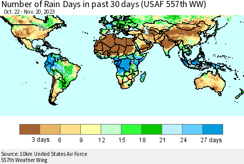 World Number of Rain Days in past 30 days (USAF 557th WW) 11/20/2023 Thematic Map For 11/16/2023 - 11/20/2023