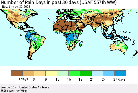 World Number of Rain Days in past 30 days (USAF 557th WW) 11/30/2023 Thematic Map For 11/26/2023 - 11/30/2023