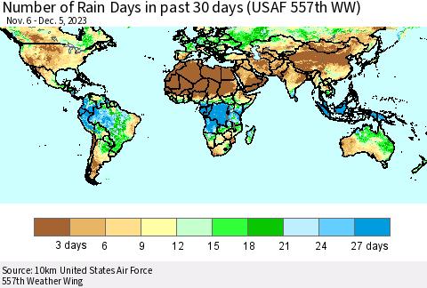 World Number of Rain Days in past 30 days (USAF 557th WW) 12/05/2023 Thematic Map For 12/1/2023 - 12/5/2023
