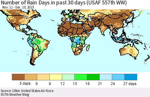 World Number of Rain Days in past 30 days (USAF 557th WW) 12/10/2023 Thematic Map For 12/6/2023 - 12/10/2023