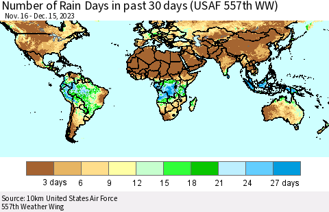 World Number of Rain Days in past 30 days (USAF 557th WW) 12/15/2023 Thematic Map For 12/11/2023 - 12/15/2023