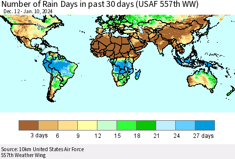World Number of Rain Days in past 30 days (USAF 557th WW) 01/10/2024 Thematic Map For 1/6/2024 - 1/10/2024
