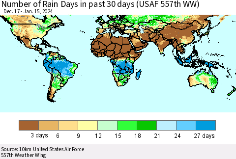 World Number of Rain Days in past 30 days (USAF 557th WW) 01/15/2024 Thematic Map For 1/11/2024 - 1/15/2024