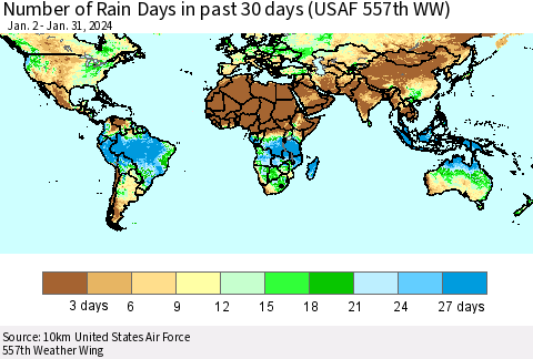 World Number of Rain Days in past 30 days (USAF 557th WW) 01/31/2024 Thematic Map For 1/26/2024 - 1/31/2024