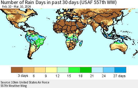 World Number of Rain Days in past 30 days (USAF 557th WW) 03/10/2024 Thematic Map For 3/6/2024 - 3/10/2024