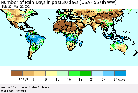 World Number of Rain Days in past 30 days (USAF 557th WW) 03/20/2024 Thematic Map For 3/16/2024 - 3/20/2024