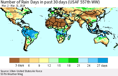 World Number of Rain Days in past 30 days (USAF 557th WW) 03/31/2024 Thematic Map For 3/26/2024 - 3/31/2024