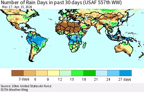 World Number of Rain Days in past 30 days (USAF 557th WW) 04/15/2024 Thematic Map For 4/11/2024 - 4/15/2024