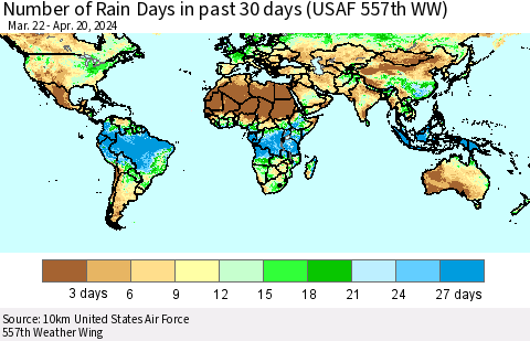 World Number of Rain Days in past 30 days (USAF 557th WW) 04/20/2024 Thematic Map For 4/16/2024 - 4/20/2024