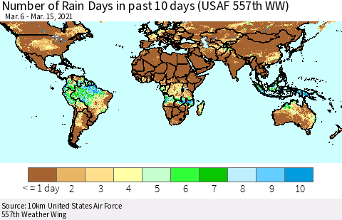 World Number of Rain Days in past 10 days (USAF 557th WW) Thematic Map For 3/11/2021 - 3/15/2021