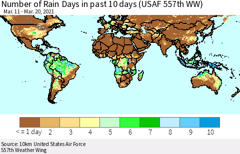 World Number of Rain Days in past 10 days (USAF 557th WW) Thematic Map For 3/16/2021 - 3/20/2021