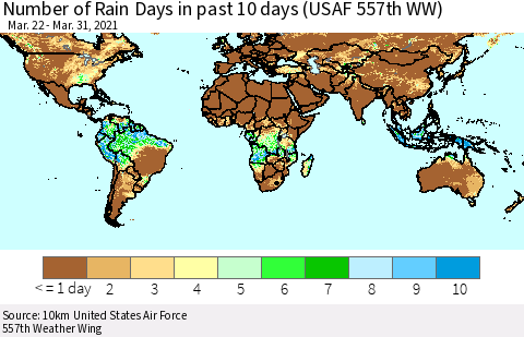 World Number of Rain Days in past 10 days (USAF 557th WW) Thematic Map For 3/26/2021 - 3/31/2021