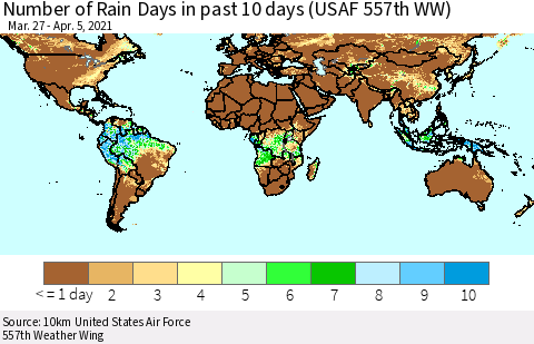 World Number of Rain Days in past 10 days (USAF 557th WW) Thematic Map For 4/1/2021 - 4/5/2021
