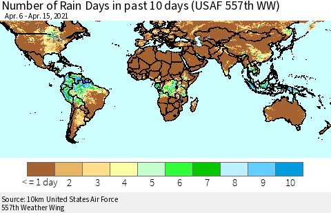 World Number of Rain Days in past 10 days (USAF 557th WW) Thematic Map For 4/11/2021 - 4/15/2021