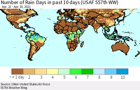 World Number of Rain Days in past 10 days (USAF 557th WW) Thematic Map For 4/26/2021 - 4/30/2021
