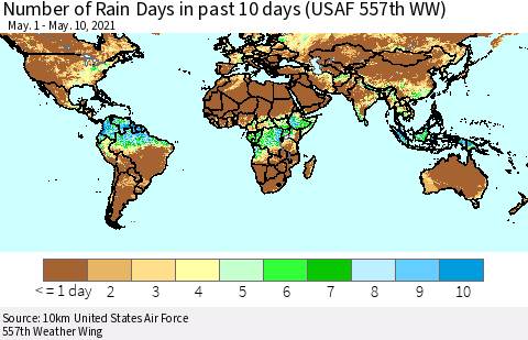 World Number of Rain Days in past 10 days (USAF 557th WW) Thematic Map For 5/6/2021 - 5/10/2021