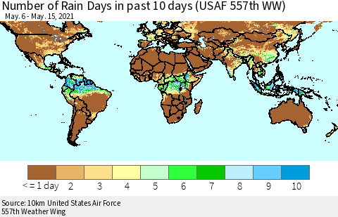 World Number of Rain Days in past 10 days (USAF 557th WW) Thematic Map For 5/11/2021 - 5/15/2021