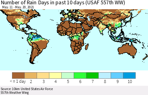 World Number of Rain Days in past 10 days (USAF 557th WW) Thematic Map For 5/16/2021 - 5/20/2021