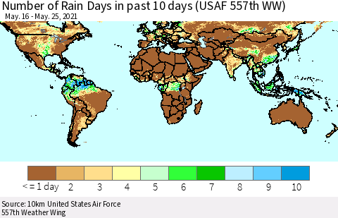 World Number of Rain Days in past 10 days (USAF 557th WW) Thematic Map For 5/21/2021 - 5/25/2021