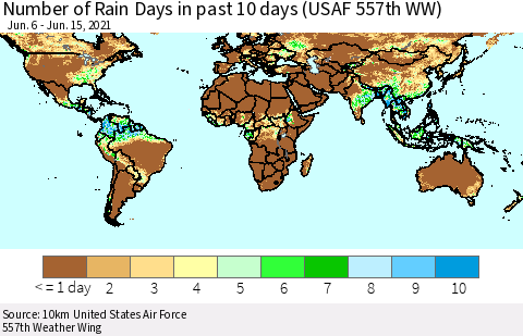 World Number of Rain Days in past 10 days (USAF 557th WW) Thematic Map For 6/11/2021 - 6/15/2021