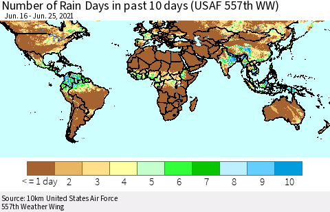 World Number of Rain Days in past 10 days (USAF 557th WW) Thematic Map For 6/21/2021 - 6/25/2021