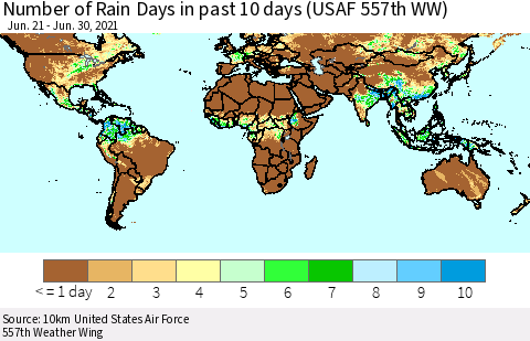 World Number of Rain Days in past 10 days (USAF 557th WW) Thematic Map For 6/26/2021 - 6/30/2021