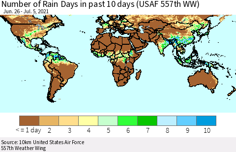 World Number of Rain Days in past 10 days (USAF 557th WW) Thematic Map For 7/1/2021 - 7/5/2021