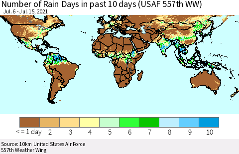 World Number of Rain Days in past 10 days (USAF 557th WW) Thematic Map For 7/11/2021 - 7/15/2021