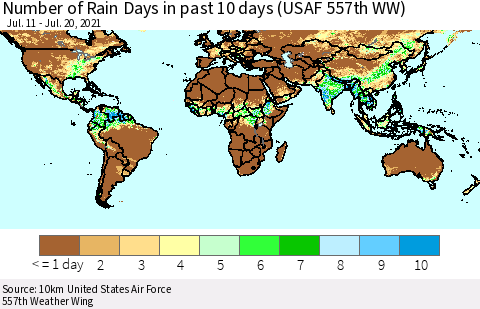 World Number of Rain Days in past 10 days (USAF 557th WW) Thematic Map For 7/16/2021 - 7/20/2021