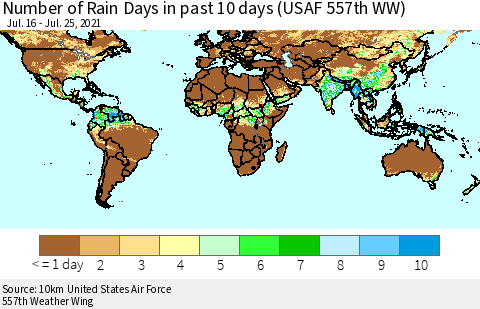 World Number of Rain Days in past 10 days (USAF 557th WW) Thematic Map For 7/21/2021 - 7/25/2021