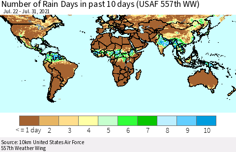 World Number of Rain Days in past 10 days (USAF 557th WW) Thematic Map For 7/26/2021 - 7/31/2021