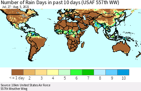 World Number of Rain Days in past 10 days (USAF 557th WW) Thematic Map For 8/1/2021 - 8/5/2021