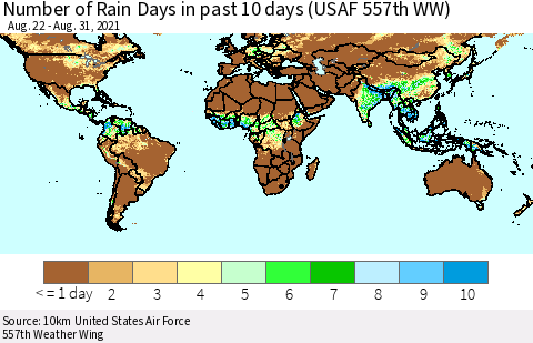 World Number of Rain Days in past 10 days (USAF 557th WW) Thematic Map For 8/26/2021 - 8/31/2021