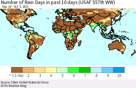 World Number of Rain Days in past 10 days (USAF 557th WW) Thematic Map For 10/1/2021 - 10/5/2021
